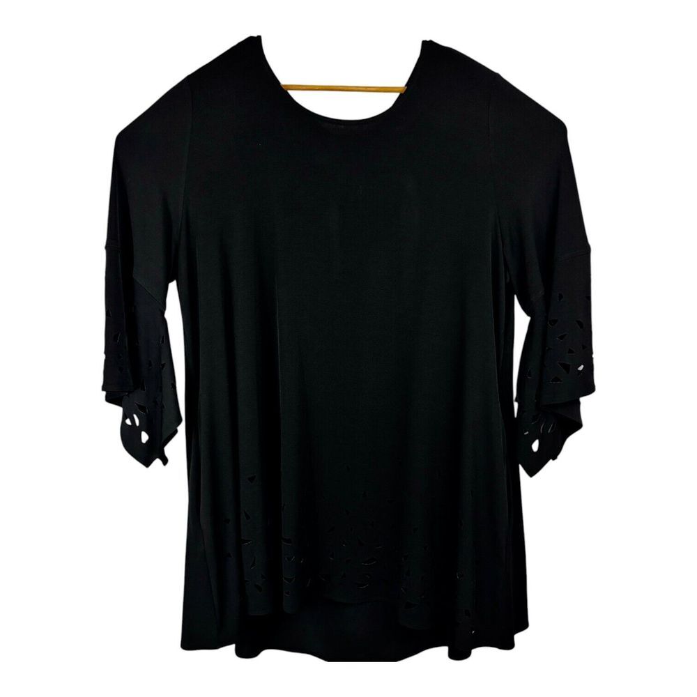 I.C. By Connie K Womens 1X Black‎ Tunic Top 3/4 Flare Sleeve Open Cut Out Design